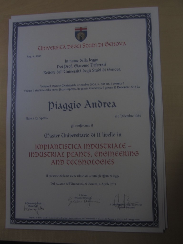 	MIPET 3rd Edition 2011/2012 Certificate Andrea Piaggio	