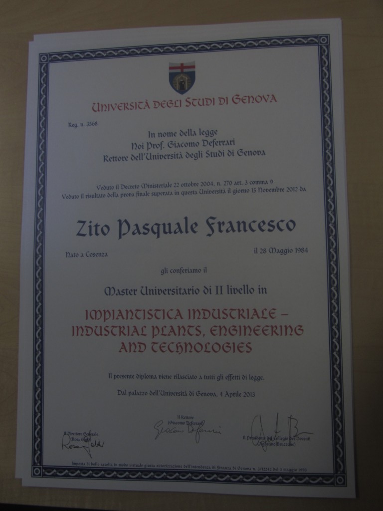 	MIPET 3rd Edition 2011/2012 Certificate Pasquale Francesco Zito 	