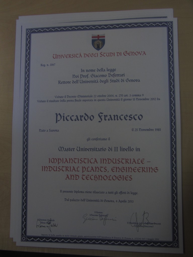 	MIPET 3rd Edition 2011/2012 Certificate Francesco Piccardo	