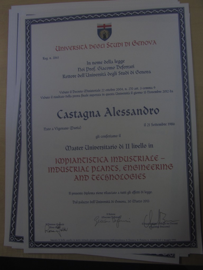 	MIPET 3rd Edition 2011/2012 Certificate Alessandro Castagna	